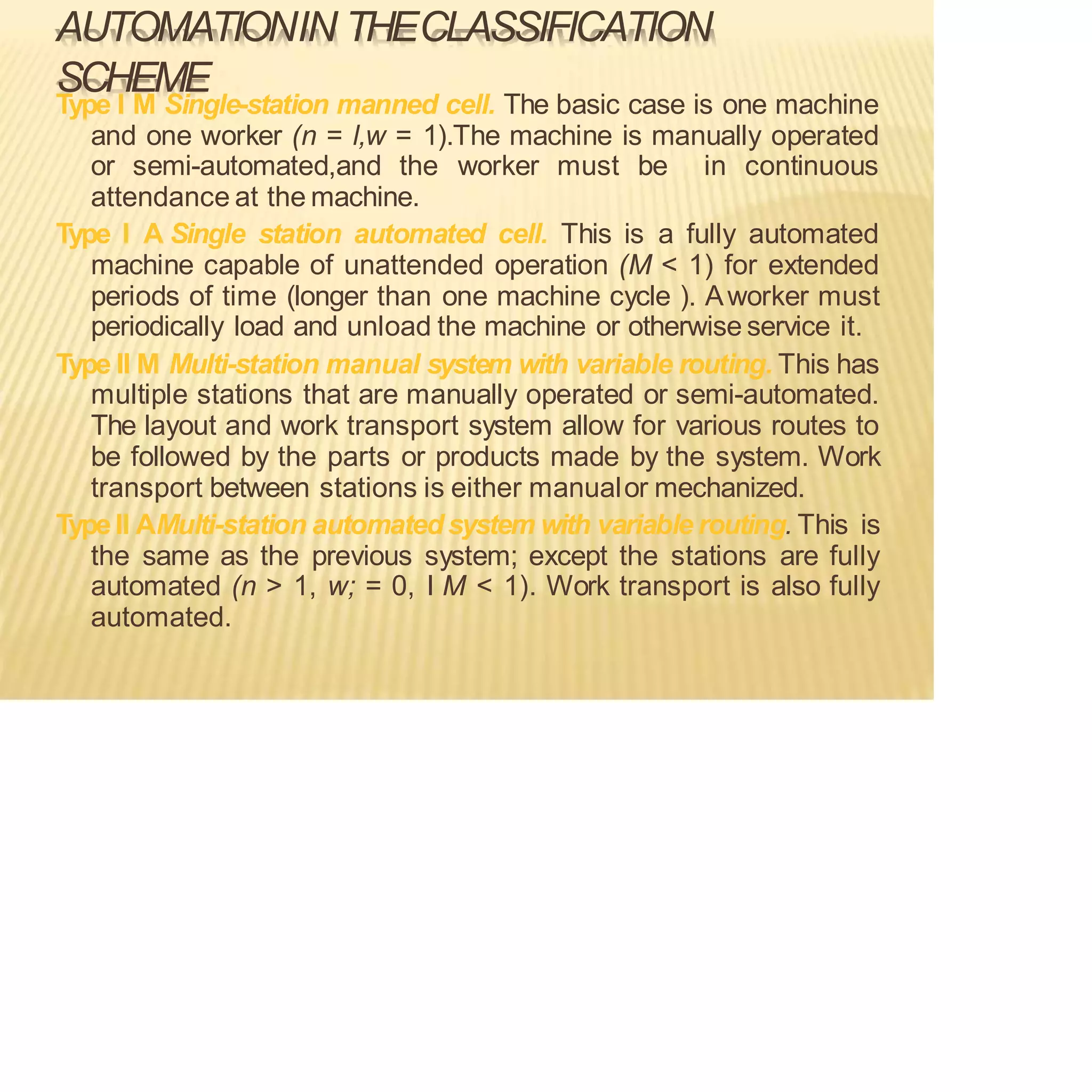 AUTOMATIONIN THECLASSIFICATION
SCHEME
Type I M Single-station manned cell. The basic case is one machine
and one worker (n = l,w = 1).The machine is manually operated
or semi-automated,and the worker must be in continuous
attendance at the machine.
Type I A Single station automated cell. This is a fully automated
machine capable of unattended operation (M < 1) for extended
periods of time (longer than one machine cycle ). Aworker must
periodically load and unload the machine or otherwise service it.
Type II M Multi-station manual system with variable routing. This has
multiple stations that are manually operated or semi-automated.
The layout and work transport system allow for various routes to
be followed by the parts or products made by the system. Work
transport between stations is either manualor mechanized.
TypeII AMulti-station automated system with variable routing. This is
the same as the previous system; except the stations are fully
automated (n > 1, w; = 0, I M < 1). Work transport is also fully
automated.
 