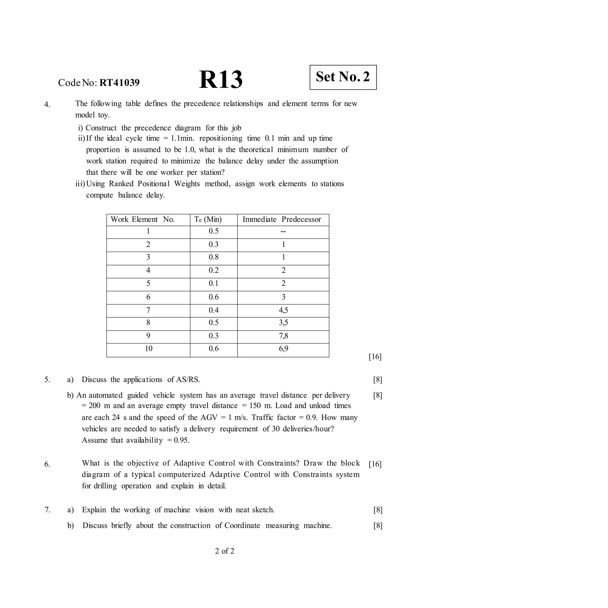 CodeNo: RT41039 R13
4. The following table defines the precedence relationships and element terms for new
model toy.
i) Construct the precedence diagram for this job
ii)If the ideal cycle time = 1.1min. repositioning time 0.1 min and up time
proportion is assumed to be 1.0, what is the theoretical minimum number of
work station required to minimize the balance delay under the assumption
that there will be one worker per station?
iii)Using Ranked Positional Weights method, assign work elements to stations
compute balance delay.
Work Element No. Te (Min) Immediate Predecessor
1 0.5 --
2 0.3 1
3 0.8 1
4 0.2 2
5 0.1 2
6 0.6 3
7 0.4 4,5
8 0.5 3,5
9 0.3 7,8
10 0.6 6,9
[16]
5. a) Discuss the applications of AS/RS.
b) An automated guided vehicle system has an average travel distance per delivery
= 200 m and an average empty travel distance = 150 m. Load and unload times
are each 24 s and the speed of the AGV = 1 m/s. Traffic factor = 0.9. How many
vehicles are needed to satisfy a delivery requirement of 30 deliveries/hour?
Assume that availability = 0.95.
[8]
[8]
6. What is the objective of Adaptive Control with Constraints? Draw the block
diagram of a typical computerized Adaptive Control with Constraints system
for drilling operation and explain in detail.
[16]
7. a) Explain the working of machine vision with neat sketch.
b) Discuss briefly about the construction of Coordinate measuring machine.
[8]
[8]
2 of 2
Set No. 2
 