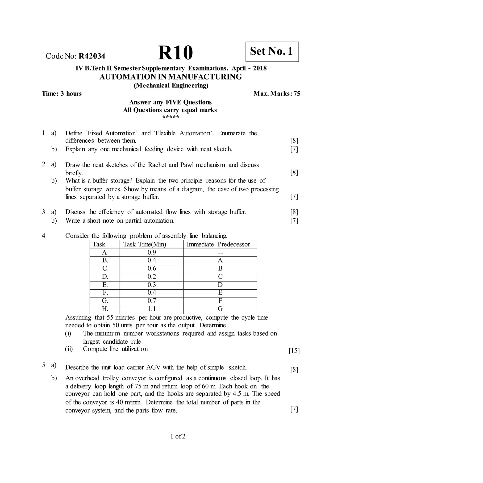 CodeNo: R42034 R10
IV B.Tech II SemesterSupplementary Examinations, April - 2018
AUTOMATION IN MANUFACTURING
(Mechanical Engineering)
Time: 3 hours Max. Marks: 75
Answer any FIVE Questions
All Questions carry equal marks
*****
1 a) Define `Fixed Automation’ and `Flexible Automation’. Enumerate the
differences between them. [8]
b) Explain any one mechanical feeding device with neat sketch. [7]
2 a) Draw the neat sketches of the Rachet and Pawl mechanism and discuss
briefly. [8]
b) What is a buffer storage? Explain the two principle reasons for the use of
buffer storage zones. Show by means of a diagram, the case of two processing
lines separated by a storage buffer. [7]
3 a) Discuss the efficiency of automated flow lines with storage buffer. [8]
b) Write a short note on partial automation. [7]
4 Consider the following problem of assembly line balancing.
Task Task Time(Min) Immediate Predecessor
A 0.9 --
B. 0.4 A
C. 0.6 B
D. 0.2 C
E. 0.3 D
F. 0.4 E
G. 0.7 F
H. 1.1 G
Assuming that 55 minutes per hour are productive, compute the cycle time
needed to obtain 50 units per hour as the output. Determine
(i) The minimum number workstations required and assign tasks based on
largest candidate rule
(ii) Compute line utilization [15]
5 a) Describe the unit load carrier AGV with the help of simple sketch. [8]
b) An overhead trolley conveyor is configured as a continuous closed loop. It has
a delivery loop length of 75 m and return loop of 60 m. Each hook on the
conveyor can hold one part, and the hooks are separated by 4.5 m. The speed
of the conveyor is 40 m/min. Determine the total number of parts in the
conveyor system, and the parts flow rate. [7]
1 of 2
Set No. 1
 