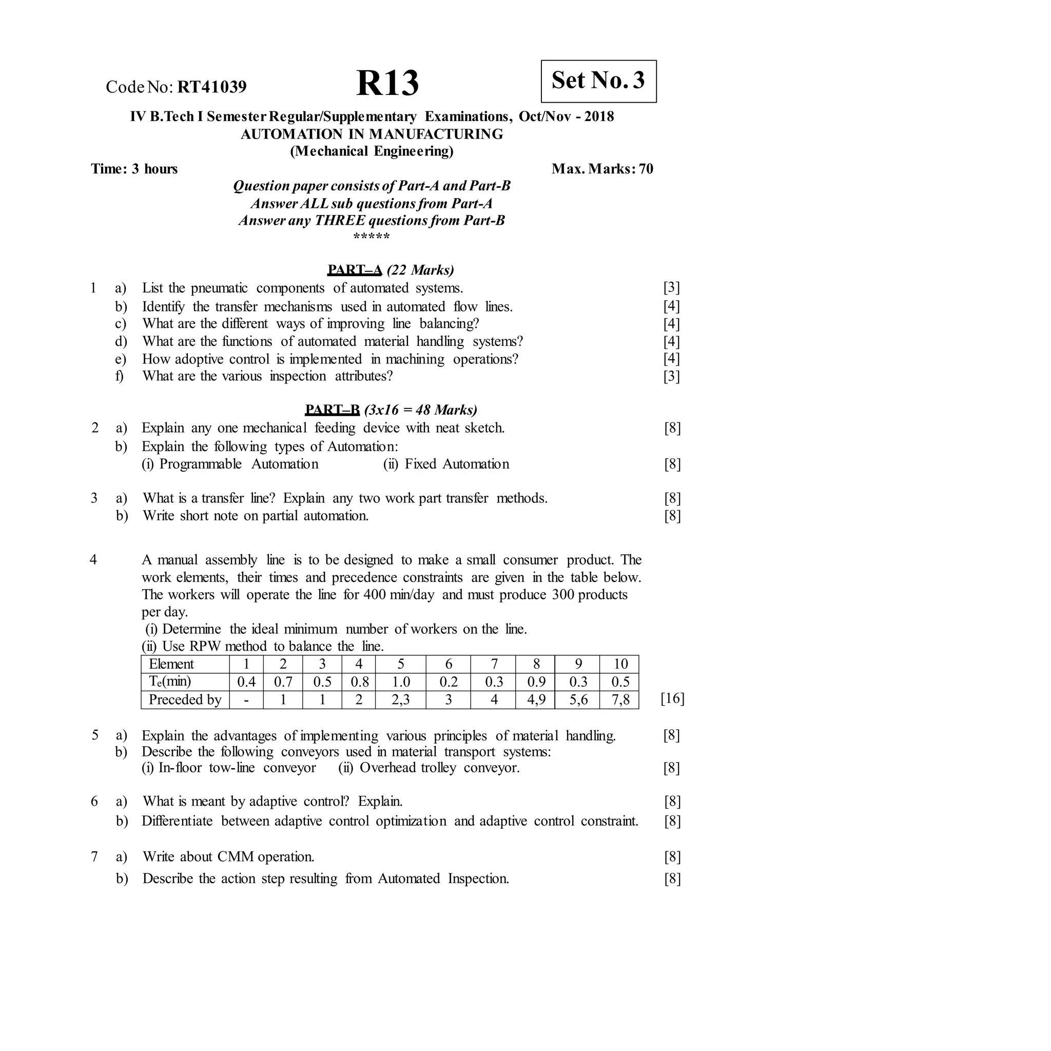 R13 Set No. 3
CodeNo: RT41039
IV B.Tech I SemesterRegular/Supplementary Examinations, Oct/Nov - 2018
AUTOMATION IN MANUFACTURING
(Mechanical Engineering)
Time: 3 hours Max. Marks: 70
Question paper consistsof Part-A and Part-B
Answer ALLsub questions from Part-A
Answer any THREE questions from Part-B
*****
PART–A (22 Marks)
1 a) List the pneumatic components of automated systems.
b) Identify the transfer mechanisms used in automated flow lines.
c) What are the different ways of improving line balancing?
d) What are the functions of automated material handling systems?
e) How adoptive control is implemented in machining operations?
f) What are the various inspection attributes?
[3]
[4]
[4]
[4]
[4]
[3]
PART–B (3x16 = 48 Marks)
2 a)
b)
Explain any one mechanical feeding device with neat sketch.
Explain the following types of Automation:
[8]
(i) Programmable Automation (ii) Fixed Automation [8]
3 a) What is a transfer line? Explain any two work part transfer methods. [8]
b) Write short note on partial automation. [8]
4 A manual assembly line is to be designed to make a small consumer product. The
work elements, their times and precedence constraints are given in the table below.
The workers will operate the line for 400 min/day and must produce 300 products
per day.
(i) Determine the ideal minimum number of workers on the line.
(ii) Use RPW method to balance the line.
[16]
5 a)
b)
Explain the advantages of implementing various principles of material handling.
Describe the following conveyors used in material transport systems:
(i) In-floor tow-line conveyor (ii) Overhead trolley conveyor.
[8]
[8]
6 a) What is meant by adaptive control? Explain. [8]
b) Differentiate between adaptive control optimization and adaptive control constraint. [8]
7 a) Write about CMM operation. [8]
b) Describe the action step resulting from Automated Inspection. [8]
Element 1 2 3 4 5 6 7 8 9 10
Te(min) 0.4 0.7 0.5 0.8 1.0 0.2 0.3 0.9 0.3 0.5
Preceded by - 1 1 2 2,3 3 4 4,9 5,6 7,8
 