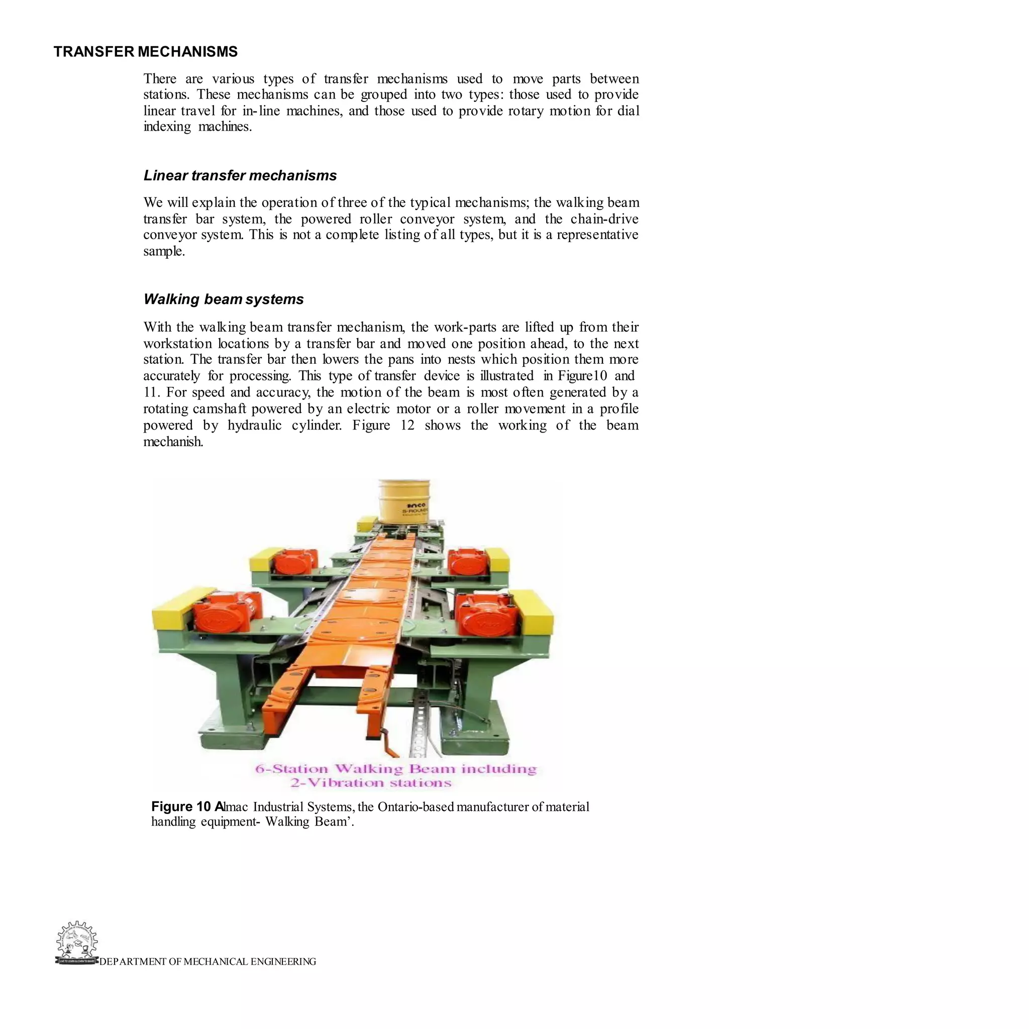 DEPARTMENT OF MECHANICAL ENGINEERING
TRANSFER MECHANISMS
There are various types of transfer mechanisms used to move parts between
stations. These mechanisms can be grouped into two types: those used to provide
linear travel for in-line machines, and those used to provide rotary motion for dial
indexing machines.
Linear transfer mechanisms
We will explain the operation of three of the typical mechanisms; the walking beam
transfer bar system, the powered roller conveyor system, and the chain-drive
conveyor system. This is not a complete listing of all types, but it is a representative
sample.
Walking beam systems
With the walking beam transfer mechanism, the work-parts are lifted up from their
workstation locations by a transfer bar and moved one position ahead, to the next
station. The transfer bar then lowers the pans into nests which position them more
accurately for processing. This type of transfer device is illustrated in Figure10 and
11. For speed and accuracy, the motion of the beam is most often generated by a
rotating camshaft powered by an electric motor or a roller movement in a profile
powered by hydraulic cylinder. Figure 12 shows the working of the beam
mechanish.
Figure 10 Almac Industrial Systems, the Ontario-based manufacturer of material
handling equipment- Walking Beam’.
 