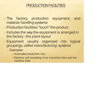 PRODUCTIONFACILITIES
 The factory
, production equipment, and
material handling systems
 Productionfacilities "touch" the product
 Includesthe way the equipment is arranged in
the factory -the plant layout
 Equipment usually organized into logical
groupings,called manufacturing systems
Examples:
◼ Automated production line
◼ Machine cell consisting of an industrial robot and two
machine tools
 