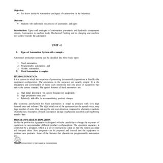 DEPARTMENT OF MECHANICAL ENGINEERING
Objective:
• Too know about the Automation and types of Automations in the industries.
Outcome:
• Students will understand the process of automation and types
Introduction: Types and strategies of automation, pneumatic and hydraulic components
circuits, Automation in machine tools, Mechanical Feeding and to changing and machine
tool control transfer the automation
UNIT –I
1. Types of Automation Systemwith examples
Automated production systems can be classified into three basic types:
1. Fixed automation,
2. Programmable automation, and
3. Flexible automation.
2. Fixed Automation examples
FIXEDAUTOMATION
It is a system in which the sequence of processing (or assembly) operations is fixed by the
equipment configuration. The operations in the sequence are usually simple. It is the
integration and coordination of many such operations into one piece of equipment that
makes the system complex. The typical features of fixed automation are:
a. High initial investment for custom–Engineered equipment;
b. High production rates; and
c. Relatively inflexible in accommodating product changes.
The economic justification for fixed automation is found in products with very high
demand rates and volumes. The high initial cost of the equipment can be spread over a very
large number of units, thus making the unit cost attractive compared to alternative methods
of production. Examples of fixed automation include mechanized assembly and machining
transfer lines.
PROGRAMMABLEAUTOMATION
In this the production equipment is designed with the capability to change the sequence of
operations to accommodate different product configurations. The operation sequence is
controlled by a program, which is a set of instructions coded so that the system can read
and interpret them. New programs can be prepared and entered into the equipment to
produce new products. Some of the features that characterize programmable automation
are:
 