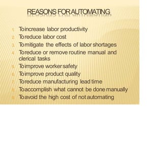 REASONSFORAUTOMATING
1. T
oincrease labor productivity
2. T
oreduce labor cost
3. T
omitigate the effects of labor shortages
4. T
oreduce or remove routine manual and
clerical tasks
5. T
oimprove workersafety
6. T
oimprove product quality
7. T
oreduce manufacturing lead time
8. T
oaccomplish what cannot be donemanually
9. T
oavoid the high cost of notautomating
 
