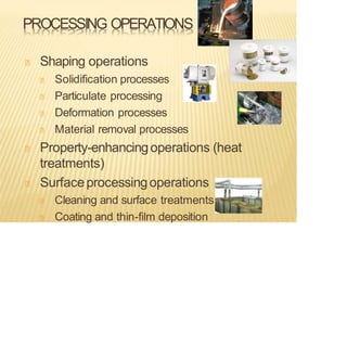 PROCESSING OPERATIONS
Shaping operations
Solidification processes
Particulate processing
Deformation processes
Material removal processes
Property-enhancingoperations (heat
treatments)
Surfaceprocessingoperations
Cleaning and surface treatments
Coating and thin-film deposition
 