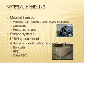 MATERIAL HANDLING
 Material transport
Vehicles, e.g., forklift trucks, AGVs, monorails
Conveyors
Hoists and cranes
 Storage systems
 Unitizing equipment
 Automatic identification and data capture
Bar codes
RFID
Other AIDC
 