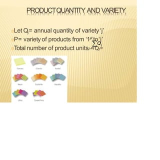 PRODUCTQUANTITY ANDVARIETY
Let Qj= annual quantity of variety‘j’
P= variety of products from ‘1P’to‘j’
Qj
Total number of product unitsj =
=1Qf=
 