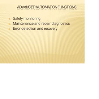 ADVANCEDAUTOMATIONFUNCTIONS
1. Safety monitoring
2. Maintenance and repair diagnostics
3. Error detection and recovery
 