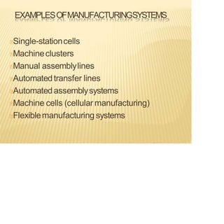 EXAMPLESOFMANUFACTURINGSYSTEMS
Single-stationcells
Machineclusters
Manual assemblylines
Automatedtransfer lines
Automatedassemblysystems
Machine cells (cellular manufacturing)
Flexiblemanufacturing systems
 