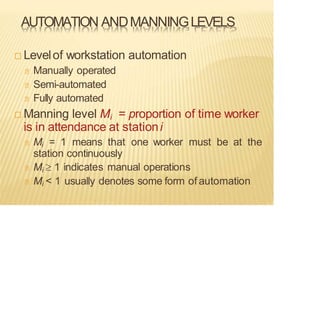 AUTOMATION ANDMANNINGLEVELS
 Levelof workstation automation
Manually operated
Semi-automated
Fully automated
 Manning level Mi = proportion of time worker
is in attendance at stationi
Mi = 1 means that one worker must be at the
station continuously
Mi  1 indicates manual operations
Mi < 1 usually denotes some form of automation
 