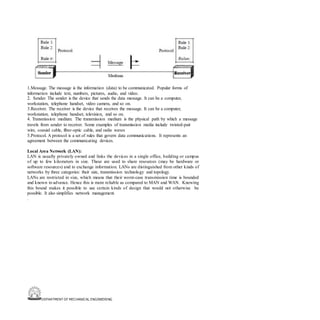 DEPARTMENT OF MECHANICAL ENGINEERING
1.Message. The message is the information (data) to be communicated. Popular forms of
information include text, numbers, pictures, audio, and video.
2. Sender. The sender is the device that sends the data message. It can be a computer,
workstation, telephone handset, video camera, and so on.
3.Receiver. The receiver is the device that receives the message. It can be a computer,
workstation, telephone handset, television, and so on.
4. Transmission medium. The transmission medium is the physical path by which a message
travels from sender to receiver. Some examples of transmission media include twisted-pair
wire, coaxial cable, fiber-optic cable, and radio waves
5.Protocol. A protocol is a set of rules that govern data communications. It represents an
agreement between the communicating devices.
Local Area Network (LAN):
LAN is usually privately owned and links the devices in a single office, building or campus
of up to few kilometers in size. These are used to share resources (may be hardware or
software resources) and to exchange information. LANs are distinguished from other kinds of
networks by three categories: their size, transmission technology and topology.
LANs are restricted in size, which means that their worst-case transmission time is bounded
and known in advance. Hence this is more reliable as compared to MAN and WAN. Knowing
this bound makes it possible to use certain kinds of design that would not otherwise be
possible. It also simplifies network management.
.
 