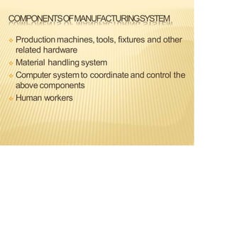 COMPONENTSOFMANUFACTURINGSYSTEM
❖ Productionmachines,tools, fixtures and other
related hardware
❖ Material handling system
❖ Computer systemto coordinate and control the
above components
❖ Human workers
 