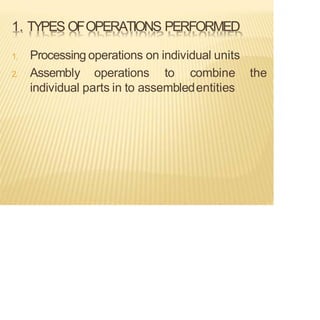 1. TYPES OFOPERATIONS PERFORMED
1. Processing operations on individual units
2. Assembly operations to combine the
individual parts in to assembledentities
 