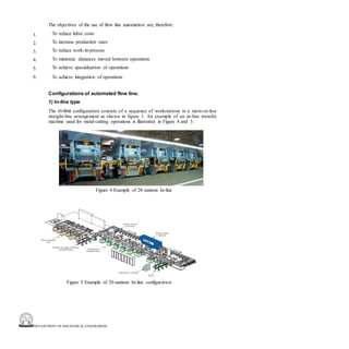 DEPARTMENT OF MECHANICAL ENGINEERING
The objectives of the use of flow line automation are, therefore:
To reduce labor costs
To increase production rates
To reduce work-in-process
To minimize distances moved between operations
To achieve specialization of operations
To achieve integration of operations






Configurations of automated flow line.
1) In-line type
The in-line configuration consists of a sequence of workstations in a more-or-less
straight-line arrangement as shown in figure 1. An example of an in-line transfer
machine used for metal-cutting operations is illustrated in Figure 4 and 5.
Figure 4 Example of 20 stations In-line
Figure 5 Example of 20 stations In-line configuration
 