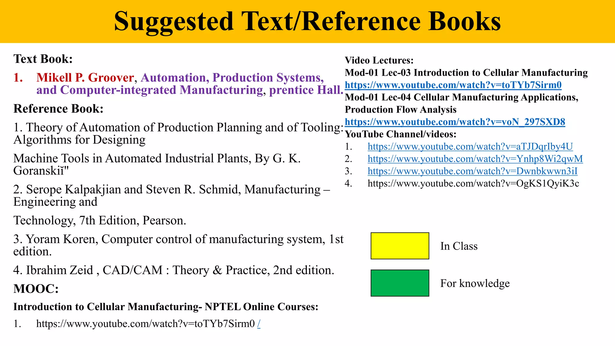 Suggested Text/Reference Books
Text Book:
1. Mikell P. Groover, Automation, Production Systems,
and Computer-integrated Manufacturing, prentice Hall.
Reference Book:
1. Theory of Automation of Production Planning and of Tooling:
Algorithms for Designing
Machine Tools in Automated Industrial Plants, By G. K.
Goranskiĭ"
2. Serope Kalpakjian and Steven R. Schmid, Manufacturing –
Engineering and
Technology, 7th Edition, Pearson.
3. Yoram Koren, Computer control of manufacturing system, 1st
edition.
4. Ibrahim Zeid , CAD/CAM : Theory & Practice, 2nd edition.
MOOC:
Introduction to Cellular Manufacturing- NPTEL Online Courses:
1. https://www.youtube.com/watch?v=toTYb7Sirm0 /
Video Lectures:
Mod-01 Lec-03 Introduction to Cellular Manufacturing
https://www.youtube.com/watch?v=toTYb7Sirm0
Mod-01 Lec-04 Cellular Manufacturing Applications,
Production Flow Analysis
https://www.youtube.com/watch?v=voN_297SXD8
YouTube Channel/videos:
1. https://www.youtube.com/watch?v=aTJDqrIby4U
2. https://www.youtube.com/watch?v=Ynhp8Wi2qwM
3. https://www.youtube.com/watch?v=Dwnbkwwn3iI
4. https://www.youtube.com/watch?v=OgKS1QyiK3c
In Class
For knowledge
 