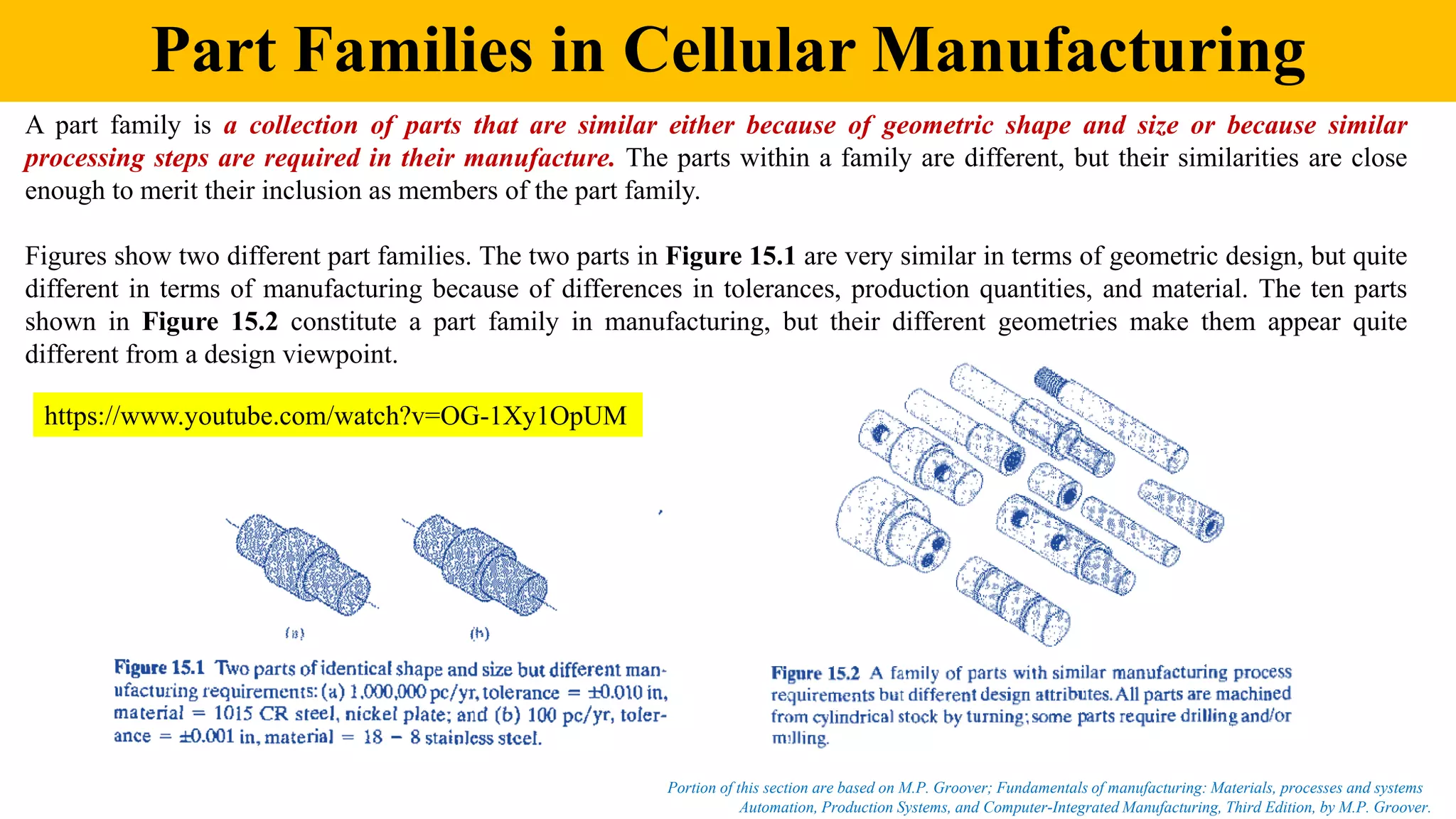 Part Families in Cellular Manufacturing
Automation, Production Systems, and Computer-Integrated Manufacturing, Third Edition, by M.P. Groover.
Portion of this section are based on M.P. Groover; Fundamentals of manufacturing: Materials, processes and systems
A part family is a collection of parts that are similar either because of geometric shape and size or because similar
processing steps are required in their manufacture. The parts within a family are different, but their similarities are close
enough to merit their inclusion as members of the part family.
Figures show two different part families. The two parts in Figure 15.1 are very similar in terms of geometric design, but quite
different in terms of manufacturing because of differences in tolerances, production quantities, and material. The ten parts
shown in Figure 15.2 constitute a part family in manufacturing, but their different geometries make them appear quite
different from a design viewpoint.
https://www.youtube.com/watch?v=OG-1Xy1OpUM
 
