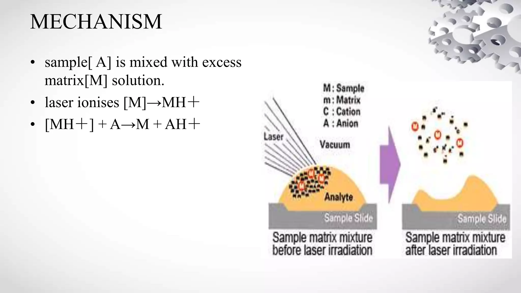 MECHANISM
• sample[ A] is mixed with excess
matrix[M] solution.
• laser ionises [M]→MH＋
• [MH＋] + A→M + AH＋
 