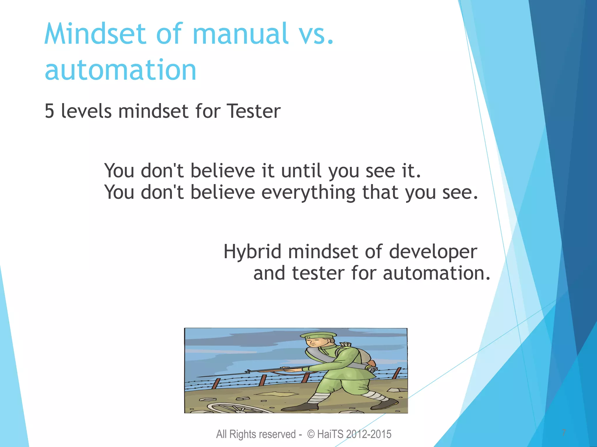 All Rights reserved - © HaiTS 2012-2015 7 Mindset of manual vs. automation 5 levels mindset for Tester You don't believe it until you see it. You don't believe everything that you see. Hybrid mindset of developer and tester for automation. 