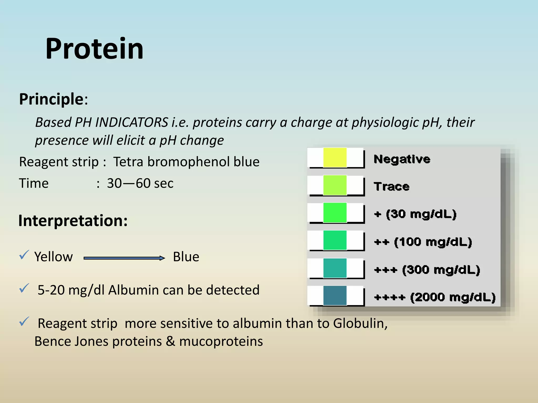 Principle:
Based PH INDICATORS i.e. proteins carry a charge at physiologic pH, their
presence will elicit a pH change
Reagent strip : Tetra bromophenol blue
Time : 30—60 sec
Protein
Interpretation:
 Yellow Blue
 5-20 mg/dl Albumin can be detected
 Reagent strip more sensitive to albumin than to Globulin,
Bence Jones proteins & mucoproteins
 