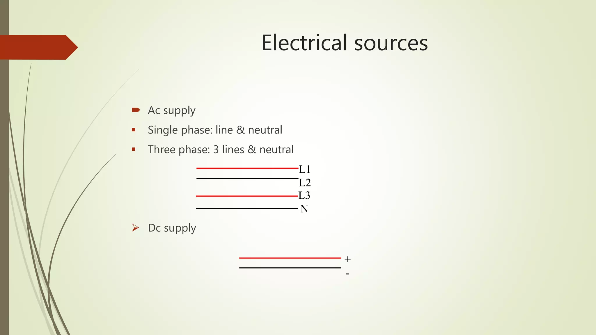 Electrical sources
 Ac supply
 Single phase: line & neutral
 Three phase: 3 lines & neutral
 Dc supply
+
-
L1
L2
L3
N
 