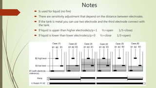 Notes
 Is used for liquid (no fire)
 There are sensitivity adjustment that depend on the distance between electrodes.
 If the tank is metal you can use two electrode and the third electrode connect with
the tank.
 If liquid is upper than higher electrode(o/p=1 ½=open 1/3=close)
 If liquid is lower than lower electrode(o/p=0 ½=close 1/3=open)
 