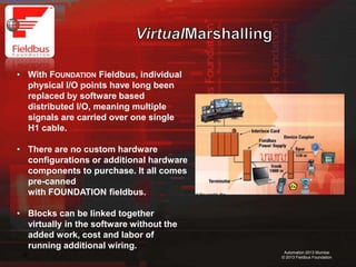 18
Automation 2013 Mumbai
© 2013 Fieldbus Foundation
• With FOUNDATION Fieldbus, individual
physical I/O points have long been
replaced by software based
distributed I/O, meaning multiple
signals are carried over one single
H1 cable.
• There are no custom hardware
configurations or additional hardware
components to purchase. It all comes
pre-canned
with FOUNDATION fieldbus.
• Blocks can be linked together
virtually in the software without the
added work, cost and labor of
running additional wiring.
 