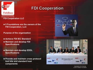 24
Automation 2013 Mumbai
© 2013 Fieldbus Foundation
FDI Cooperation LLC
 5 Foundations are the owners of the
FDI Cooperation, LLC
Purpose of the organization
 Achieve FDI IEC Standard
 Maintain and develop FDI
Specifications
 Maintain and develop EDDL
Specifications
 Provide and maintain cross protocol
tool kits and standard host
components
 