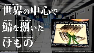 INFRASTRUCTURE ENGINEER
SERVER OPERATION
DATACENTER
http://www.flickr.com/photos/torkildr/3462606643/ by torkildr http://www.flickr.com/photos/toyohara/395472864/ by toyohara
 