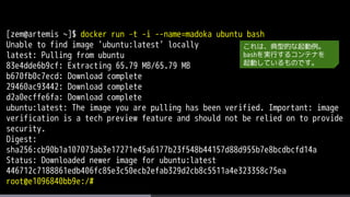 [zem@artemis ~]$ docker run –t -i --name=madoka ubuntu bash
Unable to find image 'ubuntu:latest' locally
latest: Pulling from ubuntu
83e4dde6b9cf: Extracting 65.79 MB/65.79 MB
b670fb0c7ecd: Download complete
29460ac93442: Download complete
d2a0ecffe6fa: Download complete
ubuntu:latest: The image you are pulling has been verified. Important: image
verification is a tech preview feature and should not be relied on to provide
security.
Digest:
sha256:cb90b1a107073ab3e17271e45a6177b23f548b44157d88d955b7e8bcdbcfd14a
Status: Downloaded newer image for ubuntu:latest
446712c7188861edb406fc85e3c50ecb2efab329d2cb8c5511a4e323358c75ea
root@e1096840bb9e:/#
これは、典型的な起動例。
bashを実行するコンテナを
起動しているものです。
 