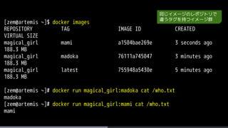 [zem@artemis ~]$ docker images
REPOSITORY TAG IMAGE ID CREATED
VIRTUAL SIZE
magical_girl mami a1504bae269e 3 seconds ago
188.3 MB
magical_girl madoka 76111a745047 3 minutes ago
188.3 MB
magical_girl latest 755948a5430e 5 minutes ago
188.3 MB
[zem@artemis ~]# docker run magical_girl:madoka cat /who.txt
madoka
[zem@artemis ~]# docker run magical_girl:mami cat /who.txt
mami
同じイメージのレポジトリで
違うタグを持つイメージ群
 