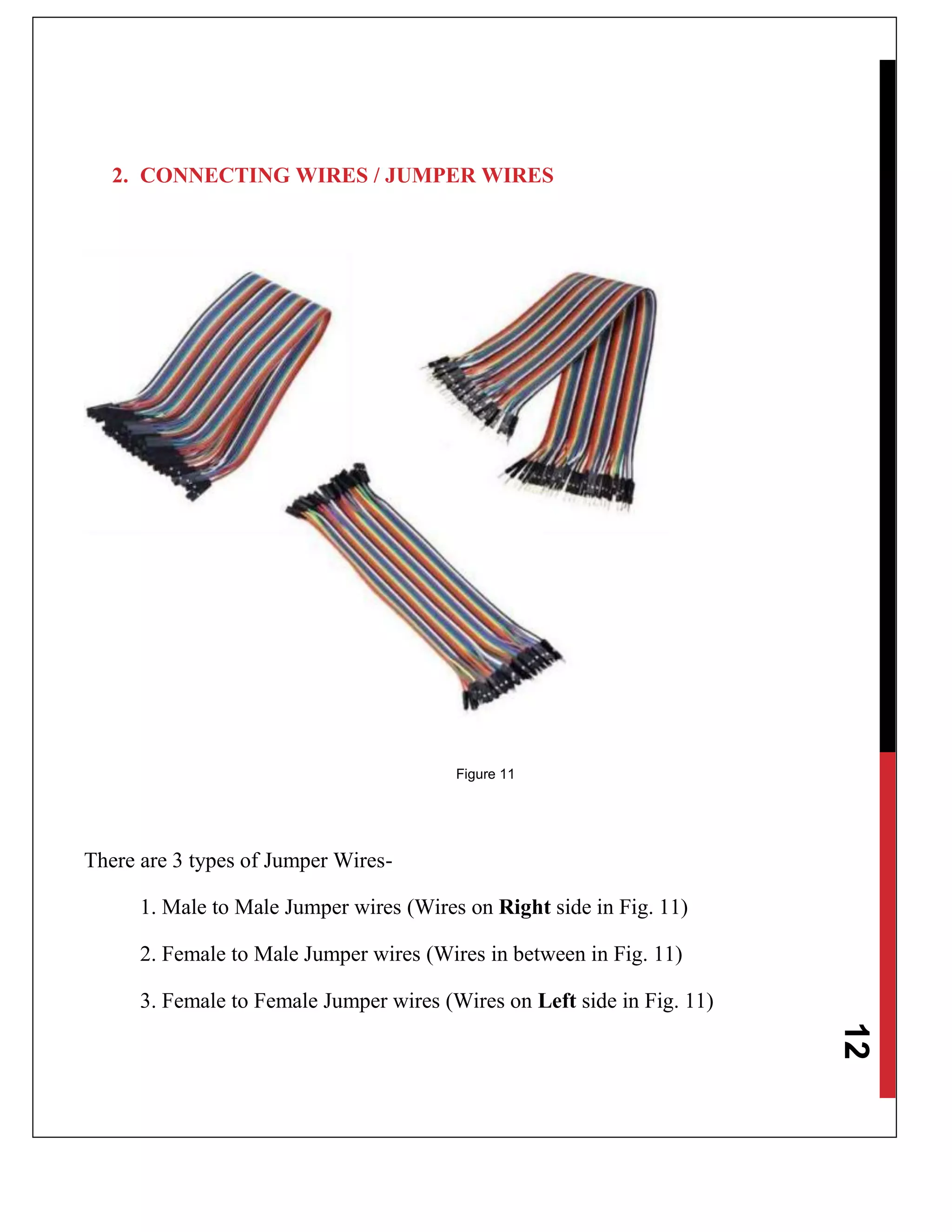 12
2. CONNECTING WIRES / JUMPER WIRES
Figure 11
There are 3 types of Jumper Wires-
1. Male to Male Jumper wires (Wires on Right side in Fig. 11)
2. Female to Male Jumper wires (Wires in between in Fig. 11)
3. Female to Female Jumper wires (Wires on Left side in Fig. 11)
 