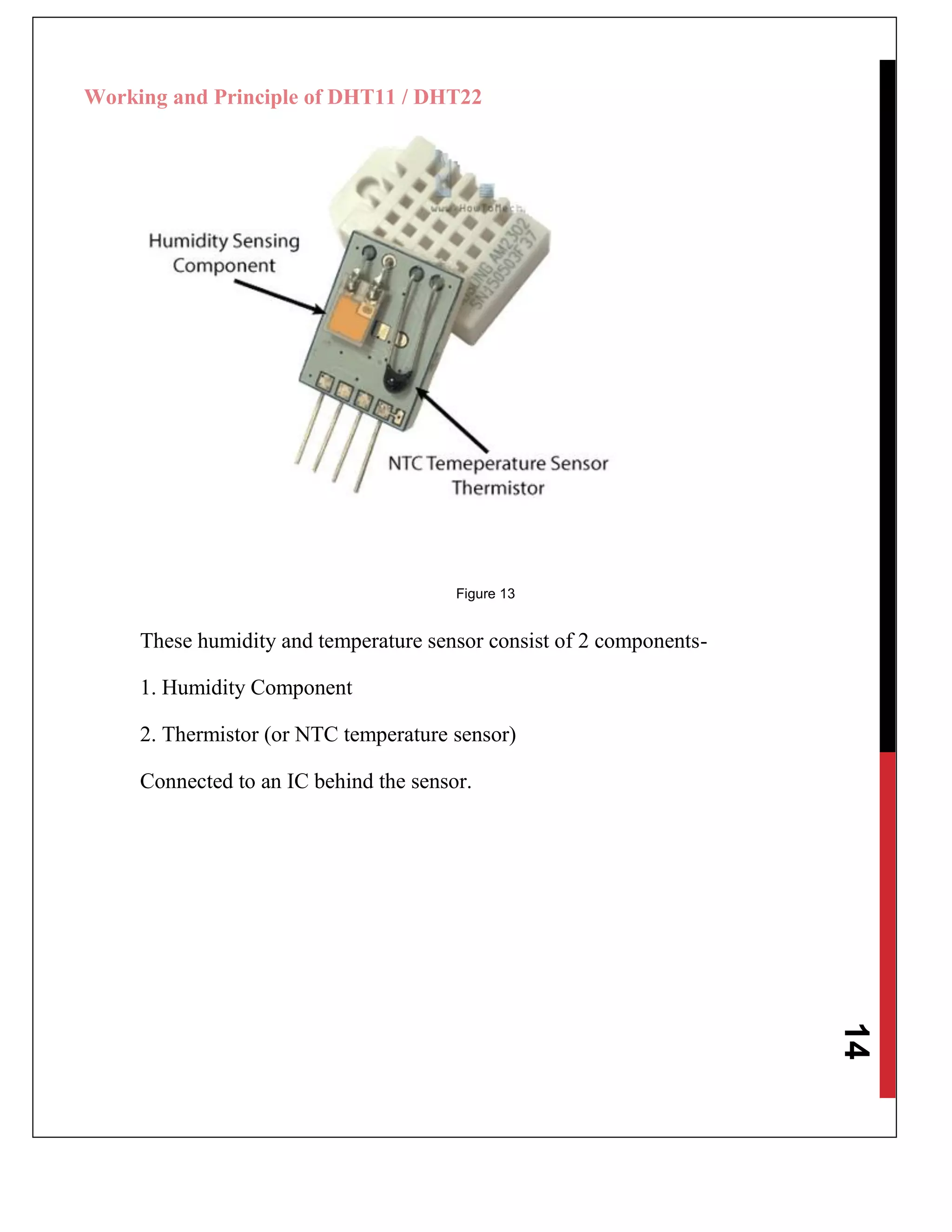 14
Working and Principle of DHT11 / DHT22
Figure 13
These humidity and temperature sensor consist of 2 components-
1. Humidity Component
2. Thermistor (or NTC temperature sensor)
Connected to an IC behind the sensor.
 