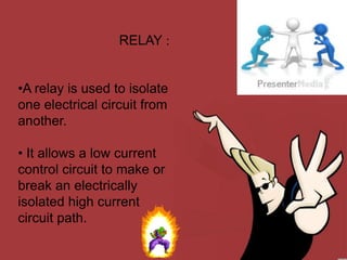 RELAY :
•A relay is used to isolate
one electrical circuit from
another.
• It allows a low current
control circuit to make or
break an electrically
isolated high current
circuit path.
 