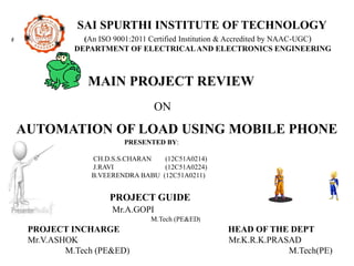 SAI SPURTHI INSTITUTE OF TECHNOLOGY
(An ISO 9001:2011 Certified Institution & Accredited by NAAC-UGC)
DEPARTMENT OF ELECTRICALAND ELECTRONICS ENGINEERING
AUTOMATION OF LOAD USING MOBILE PHONE
MAIN PROJECT REVIEW
ON
PRESENTED BY:
CH.D.S.S.CHARAN (12C51A0214)
J.RAVI (12C51A0224)
B.VEERENDRA BABU (12C51A0211)
PROJECT GUIDE
Mr.A.GOPI
M.Tech (PE&ED)
PROJECT INCHARGE HEAD OF THE DEPT
Mr.V.ASHOK Mr.K.R.K.PRASAD
M.Tech (PE&ED) M.Tech(PE)
 