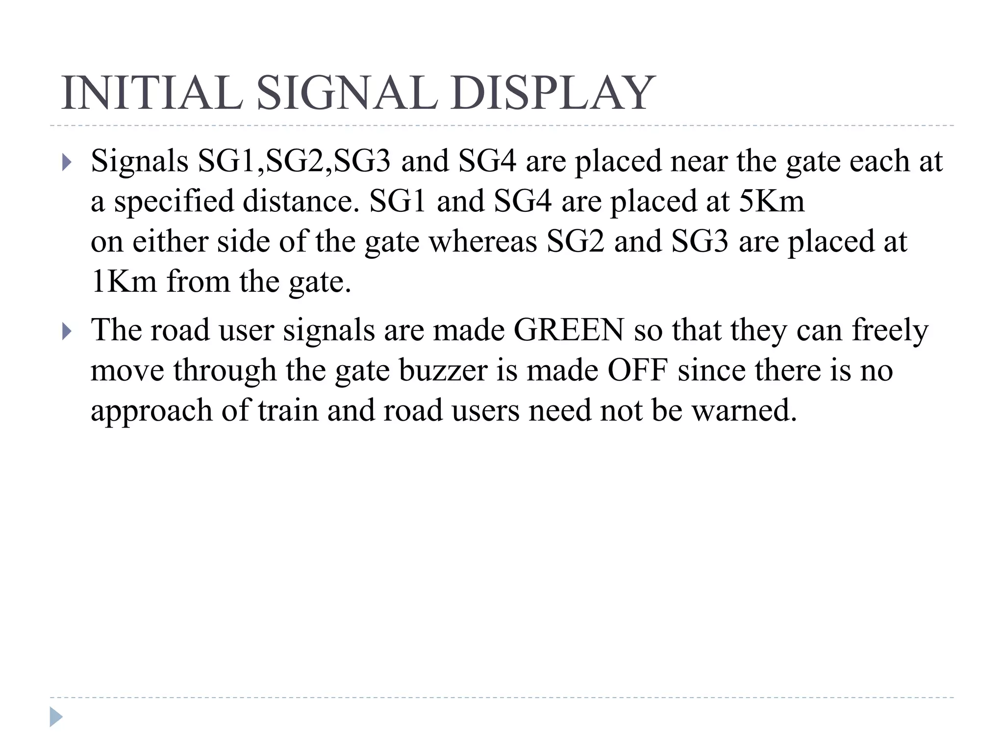 INITIAL SIGNAL DISPLAY  Signals SG1,SG2,SG3 and SG4 are placed near the gate each at a specified distance. SG1 and SG4 are placed at 5Km on either side of the gate whereas SG2 and SG3 are placed at 1Km from the gate.  The road user signals are made GREEN so that they can freely move through the gate buzzer is made OFF since there is no approach of train and road users need not be warned. 