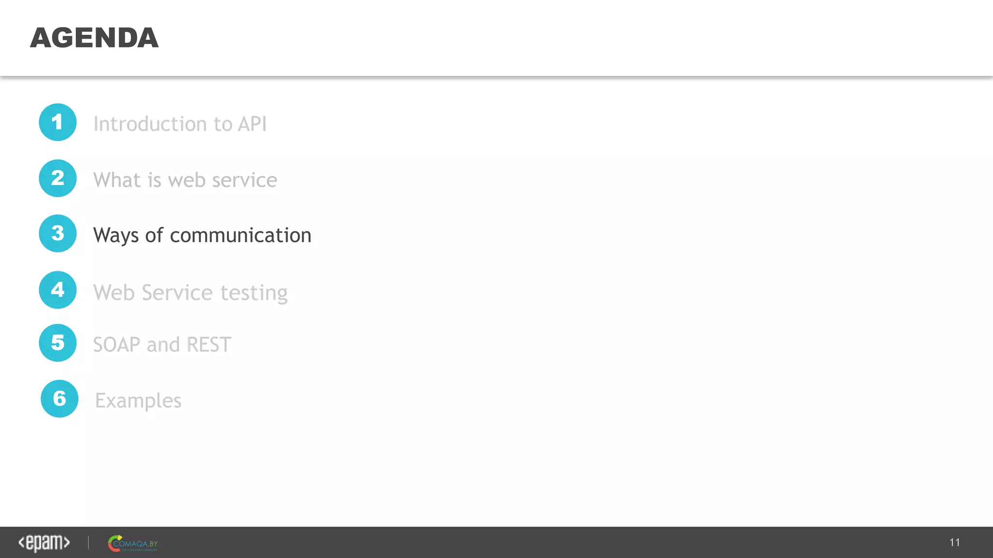11
AGENDA
Introduction to API1
What is web service2
SOAP and REST5
Examples6
Ways of communication3
Web Service testing4
 