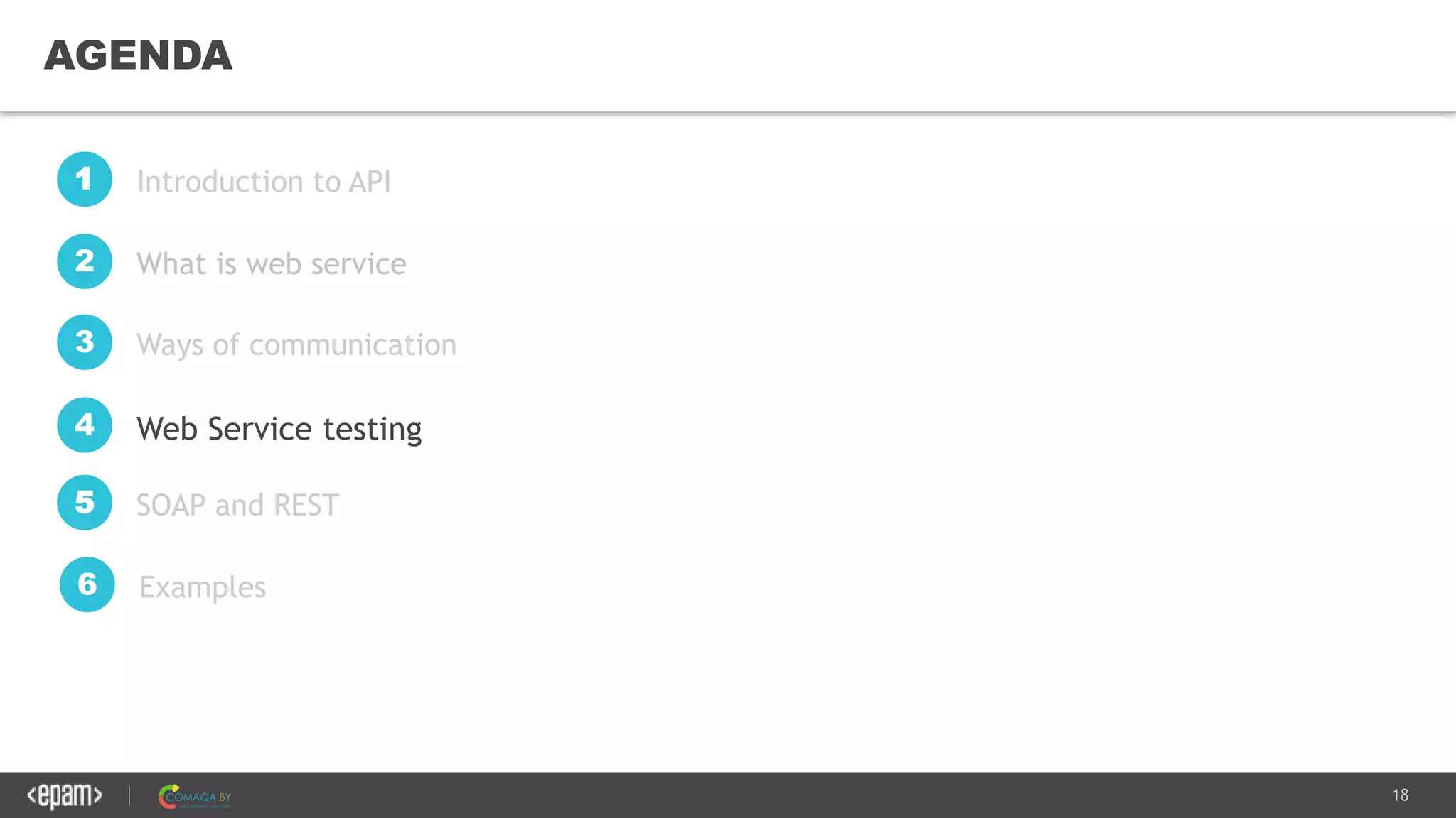 18
AGENDA
Introduction to API1
What is web service2
SOAP and REST5
Examples6
Ways of communication3
Web Service testing4
 
