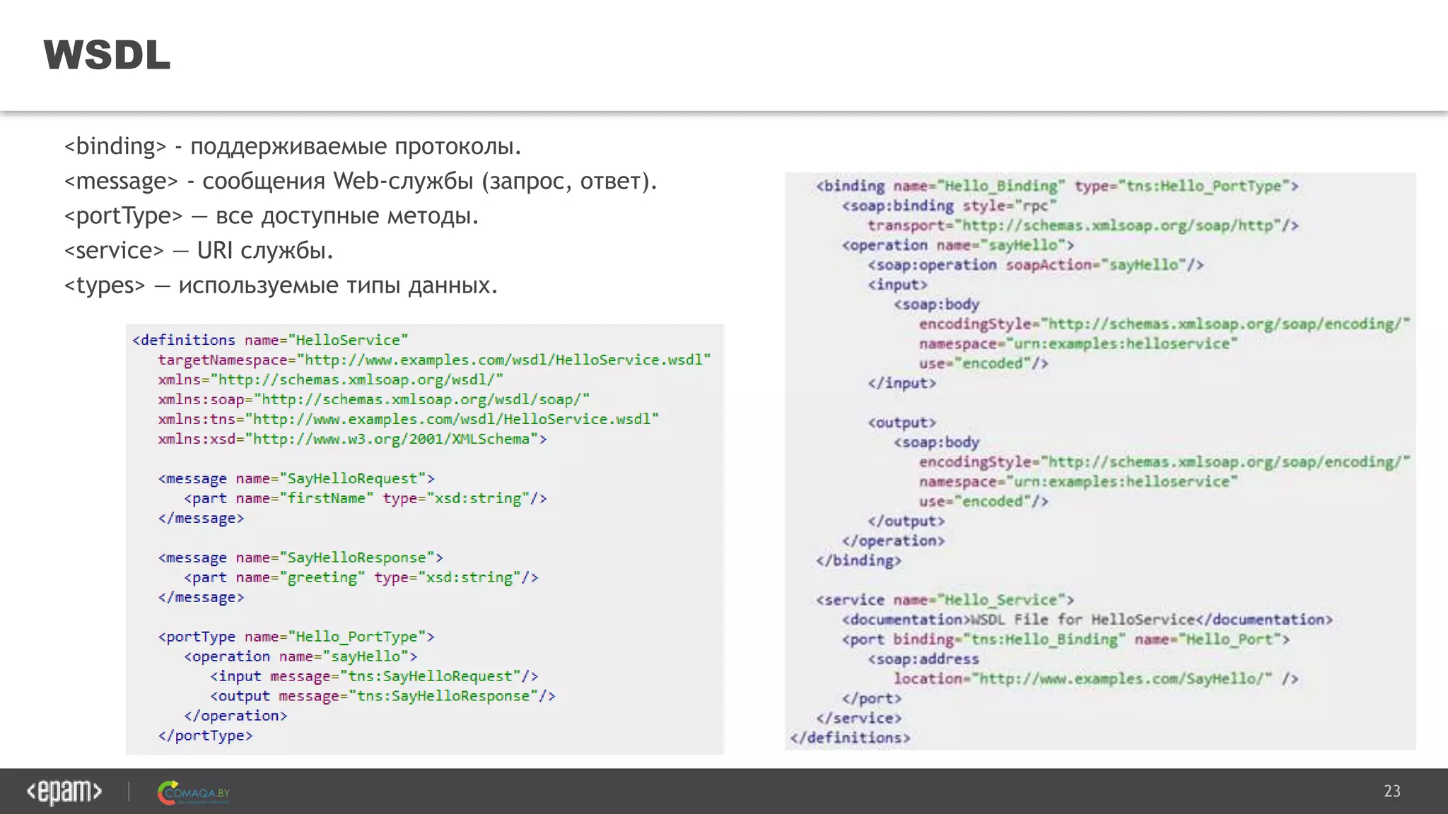 23
WSDL
<binding> - поддерживаемые протоколы.
<message> - сообщения Web-службы (запрос, ответ).
<portType> — все доступные методы.
<service> — URI службы.
<types> — используемые типы данных.
 