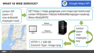 10
WHAT IS WEB SERVICE?
center=NY
zoom=13
size=640x640
maptype=road
GET https://maps.googleapis.com/maps/api/staticmap?
center=NY&zoom=13&size=640x640&maptype=roadmap
&key=AIzaSyDH7iC
center
zoom
size
maptype
key
…
HTTP/1.1 200 OK
Content-Type: image/png
 
