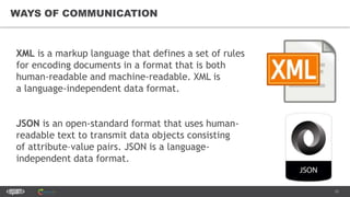 12
WAYS OF COMMUNICATION
XML is a markup language that defines a set of rules
for encoding documents in a format that is both
human-readable and machine-readable. XML is
a language-independent data format.
JSON is an open-standard format that uses human-
readable text to transmit data objects consisting
of attribute–value pairs. JSON is a language-
independent data format.
 