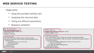 19
WEB SERVICE TESTING
Happy paths
• Using the provided method calls
• Analyzing the returned data
• Trying out different parameters
• Response validation
 