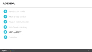 21
AGENDA
Introduction to API1
What is web service2
SOAP and REST5
Examples6
Ways of communication3
Web Service testing4
 
