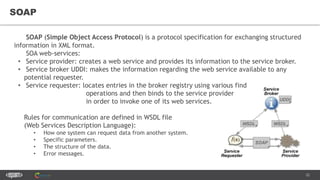 22
SOAP
SOAP (Simple Object Access Protocol) is a protocol specification for exchanging structured
information in XML format.
SOA web-services:
• Service provider: creates a web service and provides its information to the service broker.
• Service broker UDDI: makes the information regarding the web service available to any
potential requester.
• Service requester: locates entries in the broker registry using various find
operations and then binds to the service provider
in order to invoke one of its web services.
Rules for communication are defined in WSDL file
(Web Services Description Language):
• How one system can request data from another system.
• Specific parameters.
• The structure of the data.
• Error messages.
 