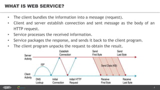 8
WHAT IS WEB SERVICE?
• The client bundles the information into a message (request).
• Client and server establish connection and sent message as the body of an
HTTP request.
• Service processes the received information.
• Service packages the response, and sends it back to the client program.
• The client program unpacks the request to obtain the result.
 