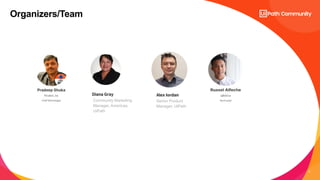 4
Community Marketing
Manager, Americas,
UiPath
Alex Iordan
Organizers/Team
Diana Gray
Senior Product
Manager, UiPath
 