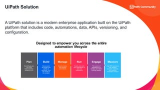 5
A UiPath solution is a modern enterprise application built on the UiPath
platform that includes code, automations, data, APIs, versioning, and
configuration.
UiPath Solution
 