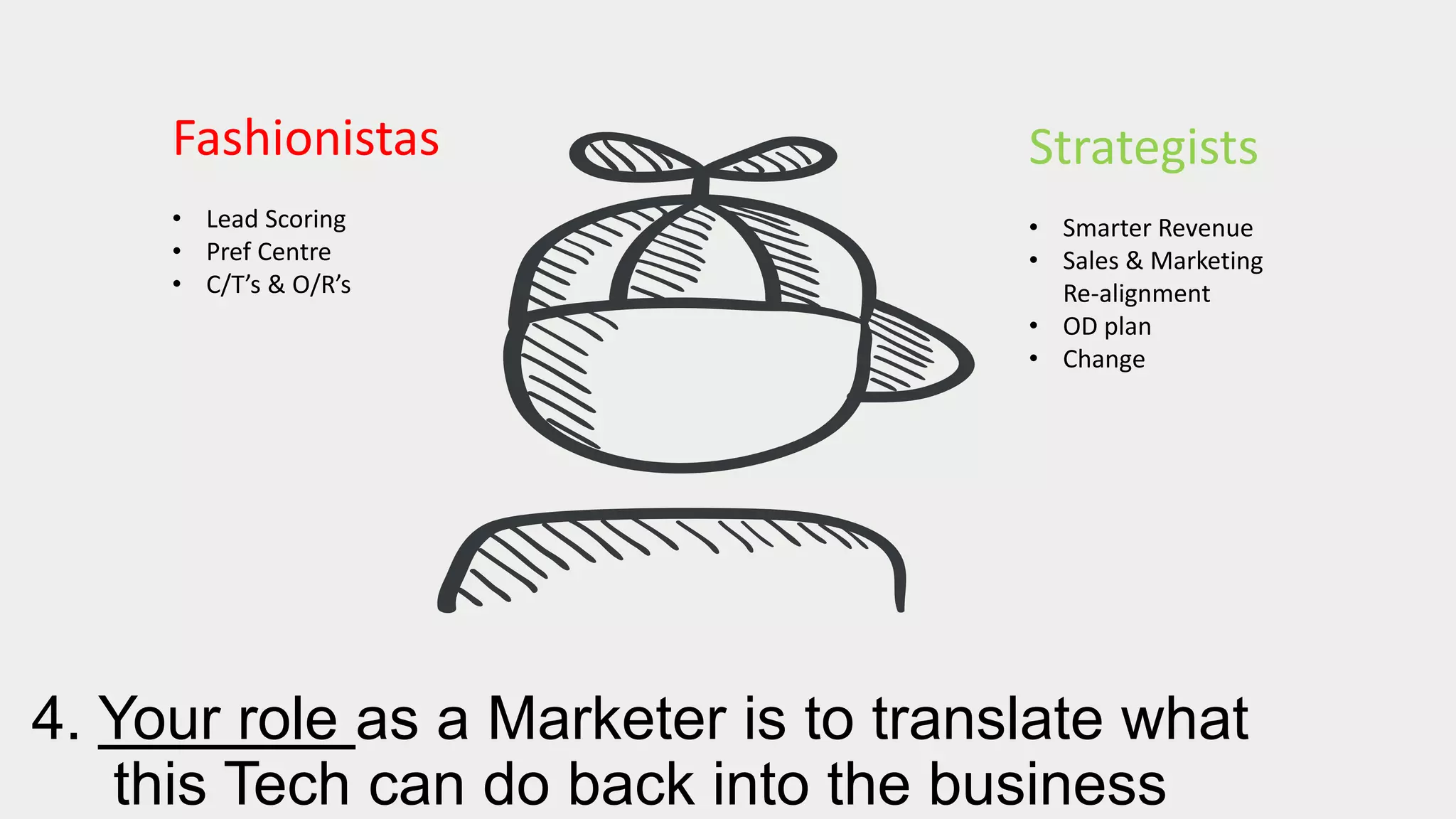 4. Your role as a Marketer is to translate what
this Tech can do back into the business
Fashionistas
• Lead Scoring
• Pref Centre
• C/T’s & O/R’s
Strategists
• Smarter Revenue
• Sales & Marketing
Re-alignment
• OD plan
• Change
 