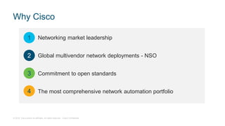 © 2018 Cisco and/or its affiliates. All rights reserved. Cisco Confidential
Why Cisco
Networking market leadership
Global multivendor network deployments - NSO
Commitment to open standards
The most comprehensive network automation portfolio
1
2
3
4
 