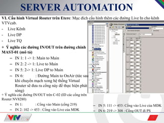 12
SERVER AUTOMATION
VI. Cấu hình Virtual Router trên Etere: Mục đích cấu hình thêm các đường Live In cho kênh
VTVcab.
- Live Kênh
- Live DP
- Live TQ
+ Ý nghĩa các đường IN/OUT trên đường chính
MAST-01 (mô tả)
– IN 1: 1 -> 1: Main to Main
– IN 2: 2 -> 1: Live to Main
– IN 5: 2-> 1: Live DP to Main
– IN 6: : Đường Main to OnAir (tức sau
khi chuyển mạch xong hệ thống Virtual
Router sẽ đưa ra cổng này để thực hiện phát
sóng)
+ Ý nghĩa các đường IN/OUT trên C-02 (ID các cổng trên
Router NV8280)
– IN 1: : Cổng vào Main (cổng 219)
– IN 2: 102 -> 453 : Cổng vào Live của MDK
– IN 5: 111 -> 453: Cổng vào Live của MDK
– IN 6: 219 -> 308 : Cổng OUT đi PS
 