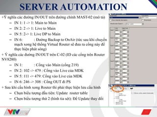 13
SERVER AUTOMATION
+Ý nghĩa các đường IN/OUT trên đường chính MAST-02 (mô tả)
– IN 1: 1 -> 1: Main to Main
– IN 2: 2 -> 1: Live to Main
– IN 5: 2-> 1: Live DP to Main
– IN 6: : Đường Backup to OnAir (tức sau khi chuyển
mạch xong hệ thống Virtual Router sẽ đưa ra cổng này để
thực hiện phát sóng)
+ Ý nghĩa các đường IN/OUT trên C-02 (ID các cổng trên Router
NV8280)
– IN 1: : Cổng vào Main (cổng 219)
– IN 2: 102 -> 479 : Cổng vào Live của MDK
– IN 5: 111 -> 479: Cổng vào Live của MDK
– IN 6: 246 -> 308 : Cổng OUT đi PS
+ Sau khi cấu hình xong Router thì phải thực hiện lưu cấu hình
– Chọn biểu tượng đầu tiên: Update router table
– Chọn biểu tượng thứ 2 (hình tia sét): Để Update thay đổi
 